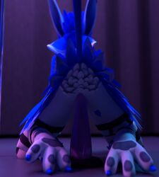 absurd_res anal anal_sex anthro avali blue_body blue_feathers clothing dildo feathers hi_res jukkavali legwear male male_penetrated paws penetration rear_view sex_toy solo thigh_highs white_body