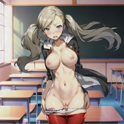 ai_generated ann_takamaki atlus blonde_hair blush breasts classroom edit egg_vibrator female highres large_breasts looking_at_viewer nervous panties panties_down persona persona_5 public public_nudity pussy raight21 school school_uniform schoolgirl shy stable_diffusion thigh_strap vibrator vibrator_in_pussy vibrator_strapped_to_leg