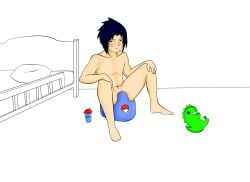 1boy abdl bed bedroom black_eyes black_hair blush blushing bottle digital_drawing_(artwork) digital_media_(artwork) embarrassed embarrassed_nude_male infantilism low_effort male male_focus male_only naked naruto navel no_visible_genitalia nude plushie potty potty_training sasuke_uchiha solo solo_male uncolored white_background