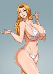 1girls ass belly_button big_ass big_breasts big_butt bikini bikini_top bleach blue_eyes breasts female flower_bikini huge_breasts large_breasts light-skinned_female matsumoto_rangiku mole_under_mouth orange_hair pinkpawg red_hair stomach thick_thighs