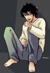 1boy black_hair clothed_masturbation death_note l_lawliet male_only masturbation pale-skinned_male rimmburglar solo_male