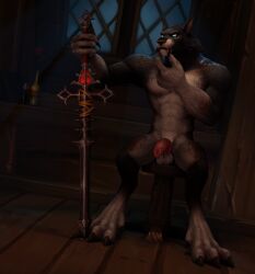 anthro balls blizzard_entertainment canid genitals hi_res knot male mammal melee_weapon nude perromalo solo sword warcraft weapon were werecanid worgen world_of_warcraft