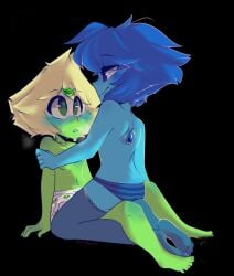 2d 2girls before_sex blue-skinned_female blue_skin blush boxer_shorts boxers cartoon_network clothing female female_only flustered green-skinned_female green_skin kneesocks lapidot lapis_lazuli_(steven_universe) multiple_girls panties peridot_(steven_universe) shorts sitting_on_lap steven_universe sweaty underwear wholesome