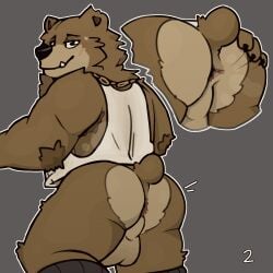 1boy anthro anus armpit_hair ass baby_bear_(puss_in_boots) backsack balls bear big_balls big_butt blush blush_lines blushing_male bodily_fluids body_hair brown_body brown_fur chains clothing fur genitals head_tuft hi_res looking_at_viewer looking_back looking_back_at_viewer male male_only mammal musclegut presenting presenting_hindquarters shirt simple_background solo spread_butt spreading spyromancer sweat tank_top tank_top_only topwear tuft