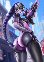 1girls 2023 amelie_lacroix ass big_ass big_breasts blizzard_entertainment bodysuit bubble_butt curvaceous curvy_body curvy_female curvy_figure dandon_fuga female_focus female_only hair_braid high_resolution highres latex_suit long_hair looking_at_viewer looking_back overwatch overwatch_2 skin_tight solo tattoo violet_hair voluptuous voluptuous_female widowmaker