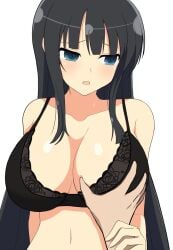 1boy 1girls bangs black_hair blue_eyes blunt_bangs bra breast_grab cleavage collarbone embarrassed female front_view huge_breasts ikaruga_(senran_kagura) light-skinned_female light_skin looking_away male manjou marvelous open_mouth senran_kagura senran_kagura_burst sidelocks simple_background solo_focus standing straight_hair underwear very_long_hair white_background