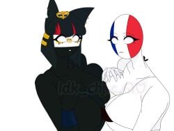 2girls big_breasts black_body black_hair black_skin countryhumans countryhumans_girl egypt_(countryhumans) france_(countryhumans) multiple_girls short_hair white_background white_body white_skin