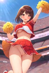 ai_generated blush breasts_almost_out brown_hair cheering cheerleader cheerleader_outfit cheerleader_uniform imminent_exposure no_panties pom_pom_(cheerleading) pom_poms public public_exposure shaved_pussy skirt stable_diffusion stadium_background underboob upshirt upskirt wardrobe_malfunction yellow_eyes