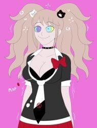 blonde_hair bouncing_breasts bra button_pop choker cleavage danganronpa happy happy_female happy_trance hypnosis hypnotized junko_enoshima kaa_eyes large_breasts mind_control plsgts skirt smile solo_female straight_hair tie twintails wardrobe_malfunction