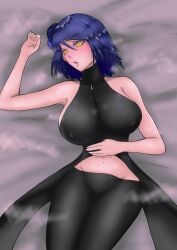 1girls big_breasts blue_hair blush breasts dress erect_nipples erect_nipples_under_clothes eyeshadow female female_only finaka fully_clothed horny horny_female huge_breasts inviting inviting_to_sex konan lipstick long_hair looking_at_viewer lying_on_back lying_on_bed makeup mascara mature mature_female midriff naruto naruto_(series) naruto_shippuden nipples no_bra no_panties orange_eyes pants revealing_clothes skimpy skimpy_clothes solo solo_focus steam steaming_body sweat sweatdrop voluptuous