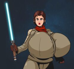 1girls brown_eyes brown_hair brown_jacket brown_pants gigantic_breasts hyper_breasts jacket light_saber princess_leia_organa red_lipstick red_scarf space_background star_wars thick_thighs white_skin wide_hips wolfafterhours