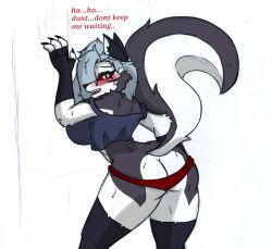 anthro aroused ass big_breasts blush bodily_fluids breasts canid canid_demon clothing demon female fluffy fluffy_tail fur hellhound helluva_boss loona_(helluva_boss) mammal pace-maker panties solo sweat tail underwear