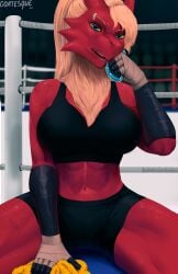 5_fingers absurd_res absurdres after_fight anthro avian blaziken blue_eyes bodily_fluids clothed clothing eyelashes female front_view game_freak goatesque hair hi_res highres looking_at_viewer navel nintendo pokemon pokemon_(species) red_body ring solo sportswear sweat yellow_sclera