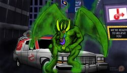 5_fingers abs anthro auto_penis_lick autofellatio balls biceps big_penis billboard building city city_background detailed_background digital_media_(artwork) dragon erection fingers genitals ghost ghostbusters_(2016) glowing glowing_eyes green_body green_hair hair horn humanoid_hands jiffy_lube licking long_tongue looking_at_viewer male marquee masturbation mayhem_(ghostbusters) membrane_(anatomy) membranous_wings muscular muscular_anthro muscular_male night nipples no_pupils nude on_hood open_mouth oral oral_masturbation outside pecs penile penile_masturbation penis purple_tongue raiken red_eyes self_lick sharp_teeth sitting sitting_on_car skyscraper solo spirit spread_legs spreading teeth tongue tongue_out translucent translucent_body translucent_wings wings