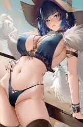 1girls big_breasts blue_hair earrings female female_only genshin_impact green_eyes hat heart-shaped_pupils hi_res highres large_breasts loki1998 looking_at_viewer midriff navel necklace short_hair solo solo_female thick thick_thighs thighhighs voluptuous yelan_(genshin_impact)