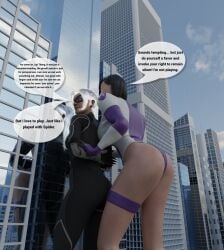 2girls 3d black_cat_(marvel) catsuit city_background felicia_hardy female female_only frisky giantess insomniac_games leotard marvel marvel_comics seduction seductive_smile spider-man_(ps4) spider-man_(series) thigh_strap thong_leotard yuriko_watanabe