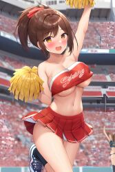 ai_generated big_breasts blush blush breasts_almost_out brown_hair cheering cheerleader cheerleader_outfit cheerleader_uniform imminent_exposure pom_pom_(cheerleading) pom_poms public stable_diffusion stadium_background tube_top tubetop wardrobe_malfunction yellow_eyes