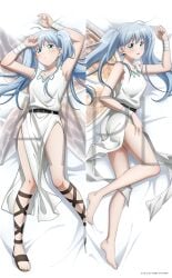 arm_band armpits bare_legs bare_thighs barefoot belt benriya_saitou-san_isekai_ni_iku blue_eyes blue_hair blush blush bottomless clothed collarbone dakimakura dress fairy fairy_wings handyman_saitou_in_another_world knees_together_feet_apart lafanpan long_legs lying_on_back lying_on_bed lying_on_side pale_skin petite petite_body petite_female pout pouting pouty_lips small_breasts suggestive thighs toes twintails