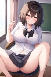 ai_generated ass big_breasts blush brown_eyes brown_hair classroom grin grinning making_fun_of school_uniform schoolgirl schoolgirl_uniform short_hair small_penis_humiliation smug smug_expression smug_face smug_grin smug_smile spread_legs stable_diffusion