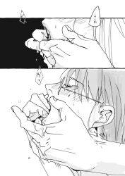 1boy 1girls blush comic female female_focus finger_in_another's_mouth finger_in_mouth fingers_in_mouth gintama glasses hattori_zenzou japanese_text male monochrome open_mouth saliva sarutobi_ayame translated white_tea