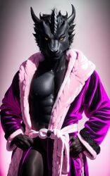 ai_generated anthro baikal bathrobe bathrobe_only black_body black_fur black_hair black_scales dnd dragon dragonborn_(dnd) furry furry_dragon h04b male muscular muscular_male oc original_character stable_diffusion tagme warlock yellow_eyes