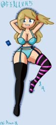 blonde_hair blue_eyes clothed condom dakimakura fenix_h fnafhs garter_belt joy_(fnafhs) lying_on_back thighhighs