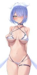 1girls bare_midriff bare_shoulders belly_button big_breasts bikini blue_hair blush collar dragon_girl dragon_wings elira_pendora exposed_shoulders exposed_torso hair_covering_eye hair_over_one_eye hair_wings head_wings heterochromia hi_res highres hip_wings midriff mole navel nijisanji nijisanji_en one_eye_obstructed pointy_ears ruru_nnnn short_hair solo solo_female solo_focus swimsuit swimwear thigh_gap thigh_strap virtual_youtuber wet wet_skin white_background