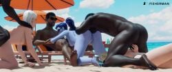 3d anal anal_sex anilingus ashe_(overwatch) big_ass big_breasts big_butt big_penis blonde_female blonde_hair blowjob blue_eyes breasts dark-skinned_male dark_skin doggy_style fisherman glasses huge_cock interracial light-skinned_female light_skin mercy overwatch purple_glasses purple_skin red_eyes short_hair swimsuit thong white_hair widowmaker yellow_eyes