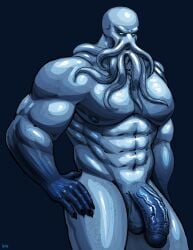 1boy balls bara big_penis blue_skin cthulhu male_only monster muscular muscular_male penis solo solo_male