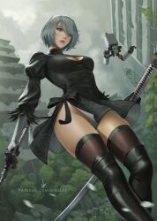 1girls blue_eyes breasts cleavage female female_only mole nibelart nier:_automata panties thighhighs thighs white_hair yorha_2b