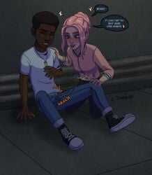 1boy blush brooklynn_(jurassic_world) closed_eyes daminccubs darius_(jurassic_world) dark-skinned_male dyed_hair erection erection_under_clothes female freckles jurassic_park jurassic_world jurassic_world_camp_cretaceous on_the_floor open_legs pink_hair sewer