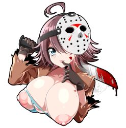 ahoge bishoujo_terror blood_drip blood_on_face blood_on_weapon blue_eyes brown_hair clothing_aside exposed_breasts female finger_in_mouth friday_the_13th genderswap genderswap_(mtf) hockey_mask holding_weapon iryanic jason_voorhees large_breasts looking_at_viewer ripped_clothing rule_63 smile torn_clothing