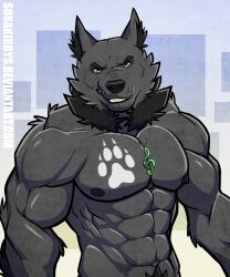 1boy 2010s 2014 abs abstract_background accessory anthro anthro_male anthro_only beefy biceps black_body black_ears black_eyebrows black_freckles black_fur black_nipples black_nose breastplate buff chin_tuft comission confident digital_media_(artwork) ear_tuft ears_up erect_nipples facial_tuft fur furry green_neckwear hi_res hidden_penis implied_nudity looking_at_viewer male male_only manly muscular muscular_anthro muscular_arms muscular_male musical_note no_navel nostrils orange_eyes paw_tattoo pubic_hair remake seductive seductive_look smirk smirking_at_viewer solo solo_male sorakirbys tattoo topless topless_anthro topless_male treble_clef upper_body upper_body_focus verdant_(da) wolf wolf_boy wolf_ears