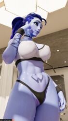 1girls 3d ass big_ass big_breasts blizzard_entertainment blue_hair breasts busty defaultblend ear_piercing female female_focus female_only gym hourglass_figure overwatch ponytail purple_skin short_hair skimpy skimpy_clothes solo sports_bra tattoo thong weights white_skin wide_hips widowmaker