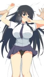 1boy 1girls bangs bed black_hair blue_eyes disembodied_hand duo female front_view huge_breasts ikaruga_(senran_kagura) impossible_clothes laying_down light-skinned_female light_skin looking_away male manjou panties pov school_uniform senran_kagura shirt sidelocks skirt skirt_up smile solo_focus straight_hair tie very_long_hair