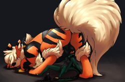 2020 anthro arcanine arlean_(raster_dreams) asian_mythology ass_up balls closed_eyes dragon duo ears_up east_asian_mythology eastern_dragon feral generation_1_pokemon genitals hi_res looking_at_another looking_at_partner looking_back male mythology narrowed_eyes nintendo orange_body pokemon pokemon_(species) raised_tail raster_dreams red_eyes signature sitting sitting_on_ground size_difference tail tongue tongue_out under_balls