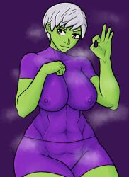 1girls 2d breasts cheelai clothed_female clothes curvy dragon_ball dragon_ball_super dragon_ball_super_broly female female_focus female_only gesture green-skinned_female green_skin looking_away ok_sign purple_background saankyu short_hair slushiebest solo steamy thick_thighs visible_nipples white_hair wide_hips