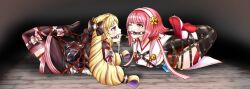 2girls blonde_hair bondage boughsofholly elise_(fire_emblem) falalalalalalal female female_only fire_emblem fire_emblem_fates linked_gag multiple_girls multiple_subs nintendo pink_hair sakura_(fire_emblem) short_hair tears