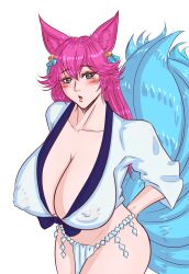 9_tails ahri alternate_costume alternate_hair_color alternate_hairstyle animal_ear_fluff animal_ears animal_girl bangs bell big_breasts blue_eyes blush blush breasts busty child_bearing_hips choker cleavage clothing curvaceous curves curvy curvy_body curvy_female curvy_figure curvy_hips eyelashes eyeliner eyeshadow facial_markings female fluffy fluffy_ears fluffy_tail fluffy_tails fox fox_ears fox_girl fox_tail furry_tail hair_ornament hair_ribbon hips hourglass_figure huge_breasts humanoid inner_ear_fluff japanese_clothes kemonomimi kimono kitsune large_breasts league_of_legends light-skinned_female light_skin long_hair multiple_tails nine_tailed_fox niramoli pale-skinned_female pale_skin pink_hair riot_games robe spirit_blossom_ahri spirit_blossom_series tail thick_thighs thighs vastaya video_games voluptuous wide_hips