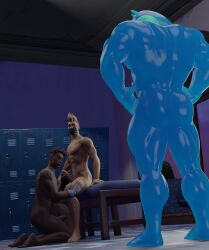 3boys abs akimbo ass blonde_hair blowjob blue_body caught caught_in_the_act dark-skinned_male dreadlocks drift_(fortnite) erection fade_(fortnite) fingerless_gloves fortnite gay gay_blowjob gay_sex holding_penis interracial kneeling_oral_position locker_room lockers male/male male_only mask mouth_open muscular muscular_male pecs penis polishbonnie retracted_foreskin rippley_(fortnite) shaved_sides slurp_(fortnite) thick_thighs