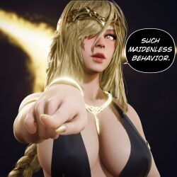 1girls 3d absolutely_maidenless_behaviour big_breasts blonde_hair cleavage elden_ring female female_only fromsoftware goddess looking_at_viewer maidenless pointing_at_viewer pov queen_marika_the_eternal ryanreos