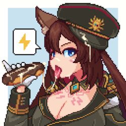 1girls blue_eyes brown_hair caleen_keemosn choker cleavage commission cream cum_in_mouth cum_on_face eating eclair eyebrows_visible_through_hair female female_only food fox_ear fox_girl fox_tail hair_ribbon kemonomimi kitsunemimi looking_at_viewer military_hat military_uniform multiple_tails o2a1 open_mouth pixel_art runes star_ocean star_ocean_anamnesis tongue_out twintails very_long_hair