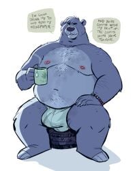 2023 anthro baloo bear belly big_belly bulge clothing dramamine english_text hi_res male male_focus male_only mammal moobs mug navel nipples overweight overweight_male sitting solo solo_male text the_jungle_book underwear