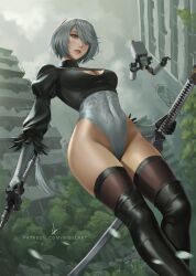 1girls blue_eyes breasts cleavage female female_only mole nibelart nier:_automata panties thighhighs thighs white_hair yorha_2b