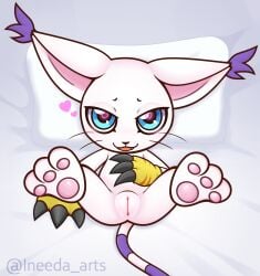 <3_eyes 3_toes bandai_namco bed bedroom_eyes blue_eyes blush body_blush claws clothing digimon digimon_(species) ear_tuft feet felid female fur furniture gatomon genitals gloves hand_on_stomach handwear heart hi_res ineedanaccount looking_at_viewer lying mammal narrowed_eyes on_back on_bed open_mouth pawpads presenting presenting_pussy pussy pussy_blush seductive solo solo_focus tail toes tuft whiskers white_body white_fur