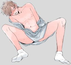 blue_eyes blush brown_hair drunk full_body gintama kimono looking_away male male_only messy_hair off_shoulder okita_sougo open_clothes open_kimono socks solo spread_legs sweat tabi teen_boy teenager twink utsumi