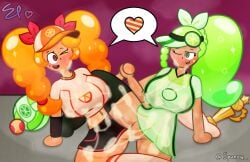 2girls absurd_res artist_name artist_signature breasts cookie_run cookie_run_ovenbreak cum cum_drip cum_on_body cum_on_breasts cum_on_face cum_on_leg cum_on_pussy cum_on_thighs cum_on_upper_body female female_focus female_only green_eyes green_hair happy heart holding_hands lime_cookie looking_at_each_other one_eye_closed open_mouth orange_cookie orange_eyes orange_hair purple_background ribbon ribbons scissoring skirt socks speech_bubble spunow_ sweat sweaty tagme trophy wink winking winking_at_partner