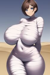 1girls ai_generated big_breasts blue_eyes breasts brown_hair desert female female_only hips hourglass_figure huge_breasts human human_only humanoid ilya_efimov large_breasts looking_at_viewer mummy mummy_girl nai_diffusion short_hair sky solo solo_female stable_diffusion thick thick_thighs thighs wide_hips