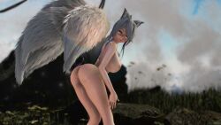 3d ahoge amber_eyes big_breasts fox_ears fox_girl fox_tail grey_hair short_hair yowane_haku