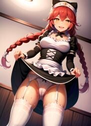 1girls ai_generated cameltoe lupusregina_beta maid overlord_(maruyama) panties red_hair skirt_lift twintails yellow_eyes